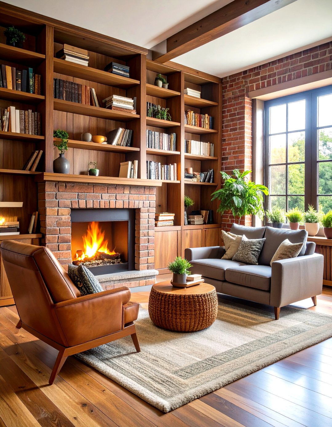 Built in Shelving Reading Nook - 24 Rustic Living Room With a Brick Fireplace Ideas