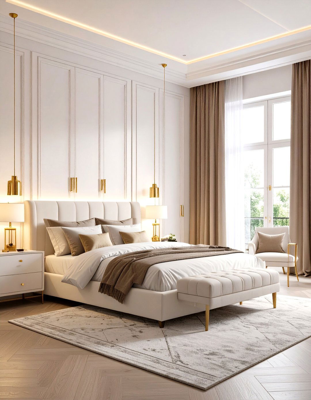 Built in Storage White Bedroom with Gold Hardware - 24 White and Gold Bedroom Ideas