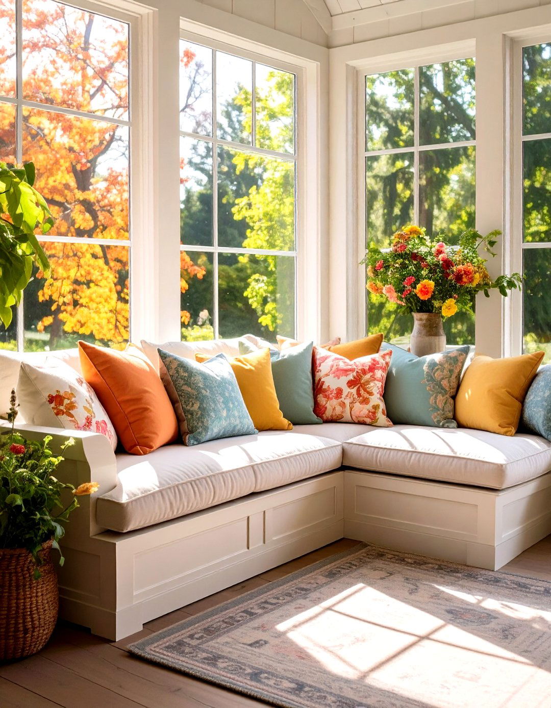 Built in Window Seat Sunroom - 24 Farmhouse Sunroom Ideas