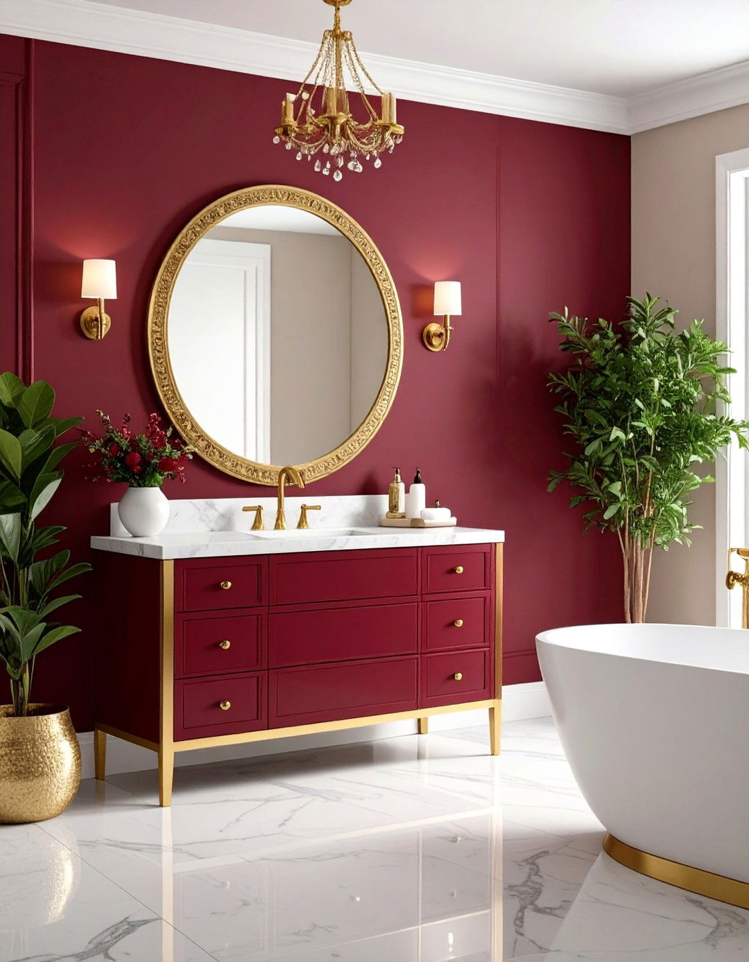 Burgundy Accent Wall with Gold Fixtures - 24 Burgundy Bathroom Ideas