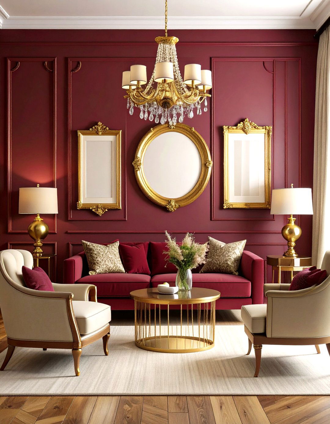 Burgundy Accent Wall with Gold Frames - 24 Burgundy Living Room Ideas