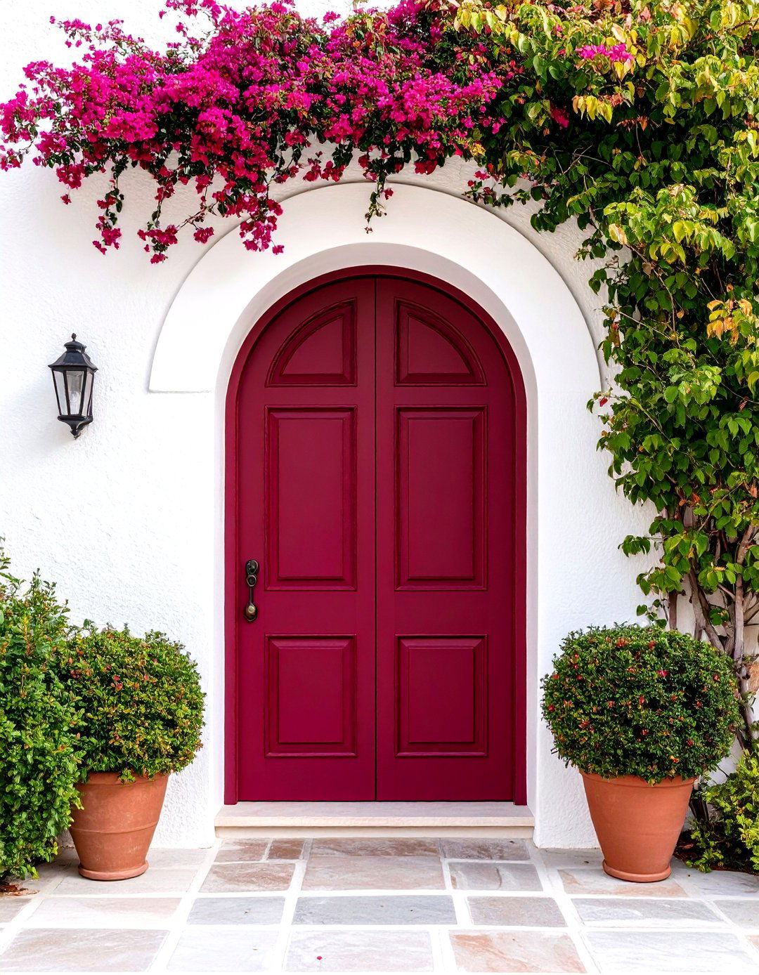 Burgundy Arched Door with Mediterranean Influences - 24 Dark Red Front Door Ideas