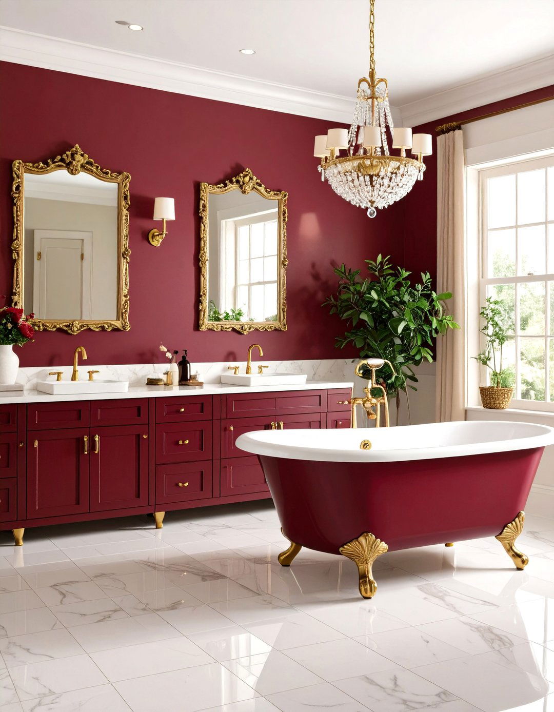 Burgundy Bathroom with Gold Fixtures - 24 Bathroom Color Ideas