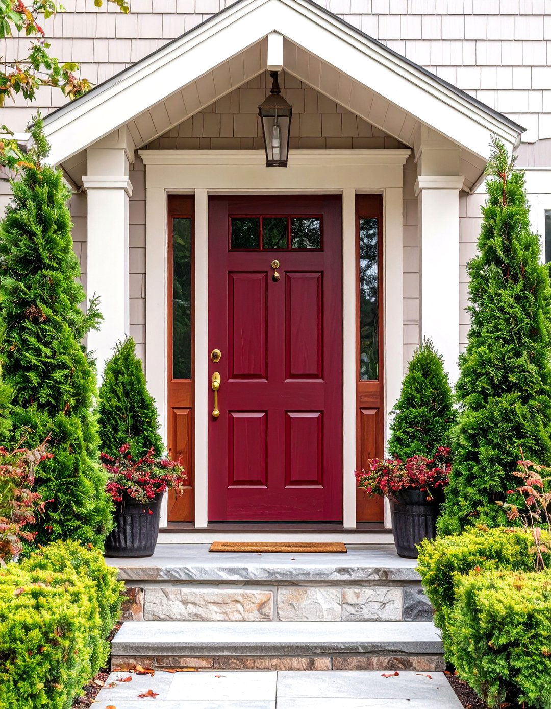 Burgundy Cedar Front Door with Rich Traditional Appeal - 24 Cedar Front Door Colors Ideas