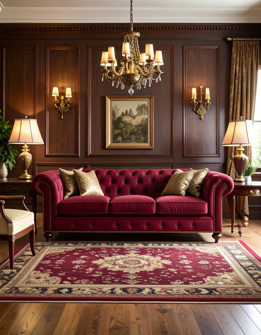 Burgundy Chesterfield Sofa with Traditional Elements - 24 Burgundy Sofa Living Room Ideas