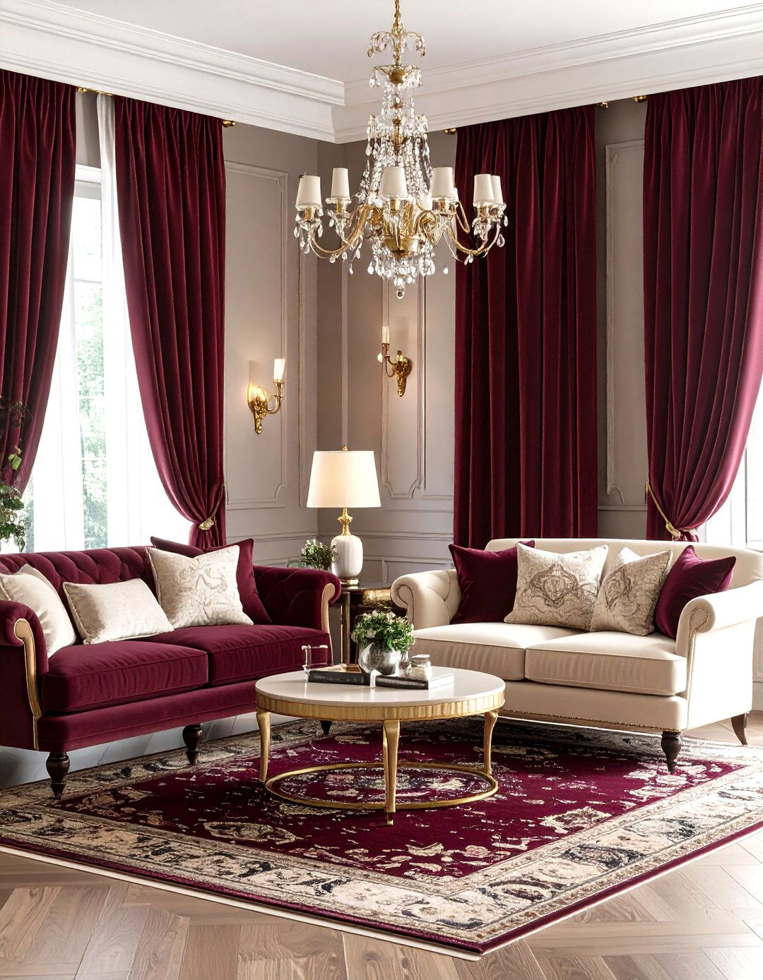 Burgundy Curtains with Neutral Furniture - 24 Burgundy Living Room Ideas