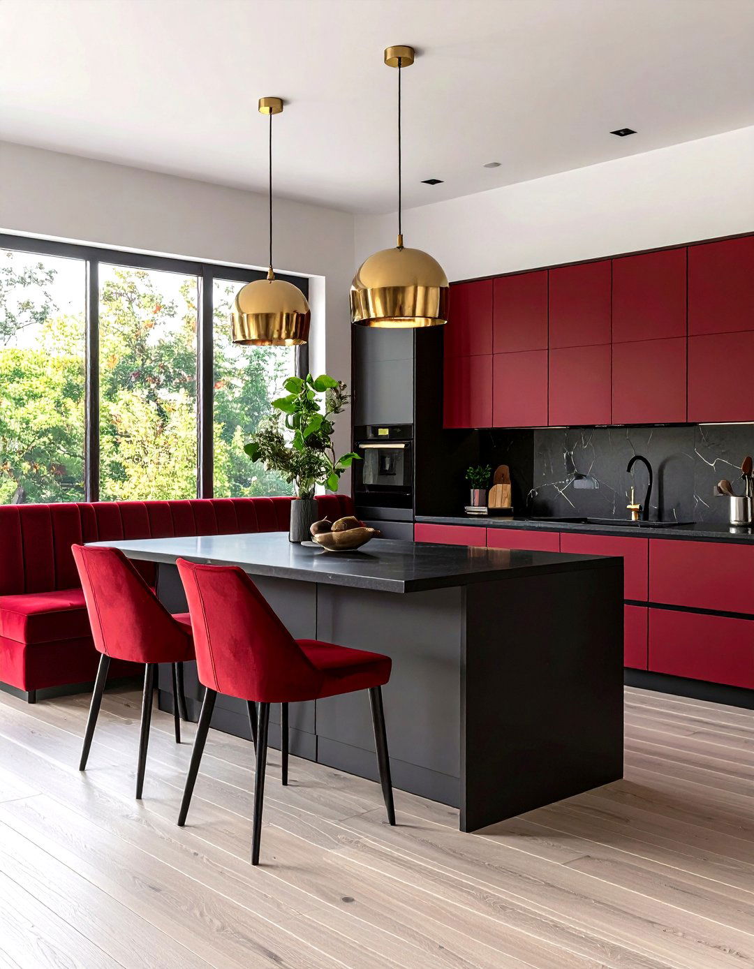 Burgundy Dining Banquette With Black Kitchen Island - 24 red and black kitchen ideas
