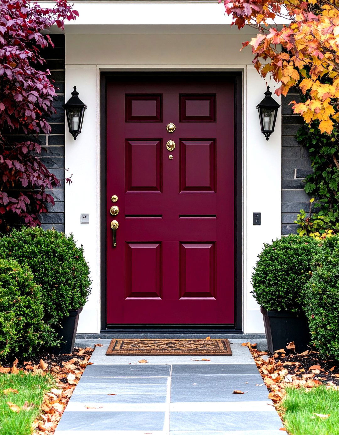 Burgundy Door with Decorative Kickplate Protection - 24 Burgundy Front Door Ideas