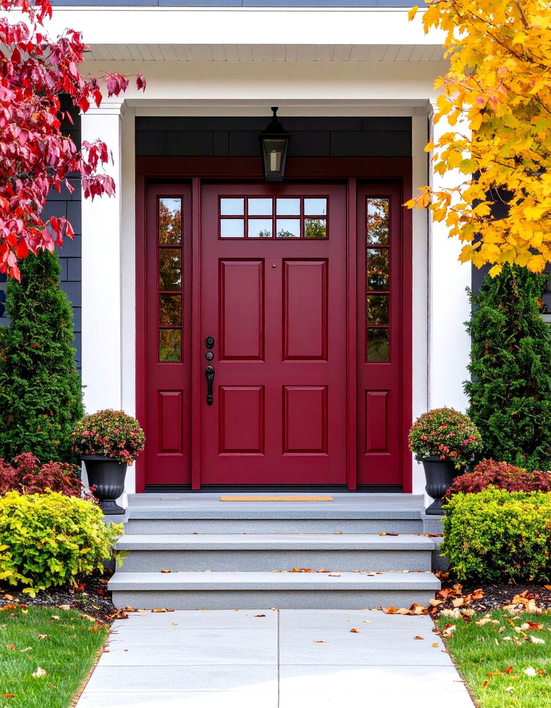 Burgundy Door with Decorative Sidelights and Transom - 24 Burgundy Front Door Ideas