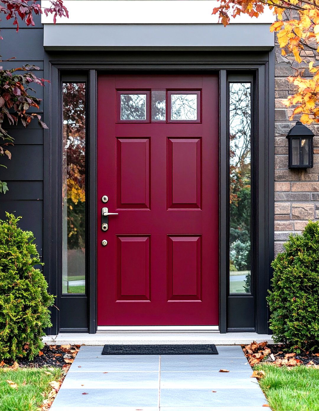 Burgundy Door with Frosted Glass Privacy Panels - 24 Burgundy Front Door Ideas