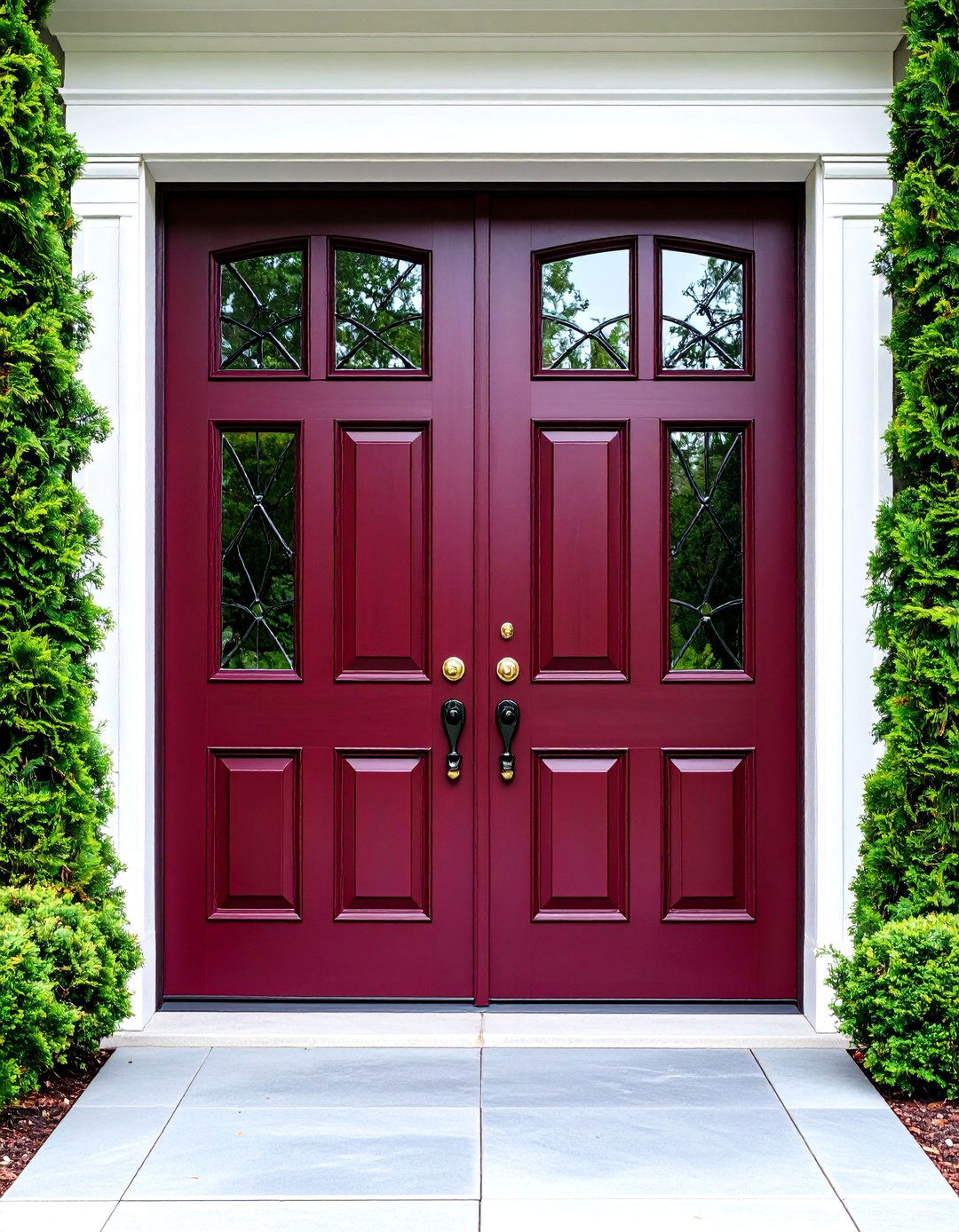 Burgundy Double Doors with Decorative Glass - 24 Dark Red Front Door Ideas