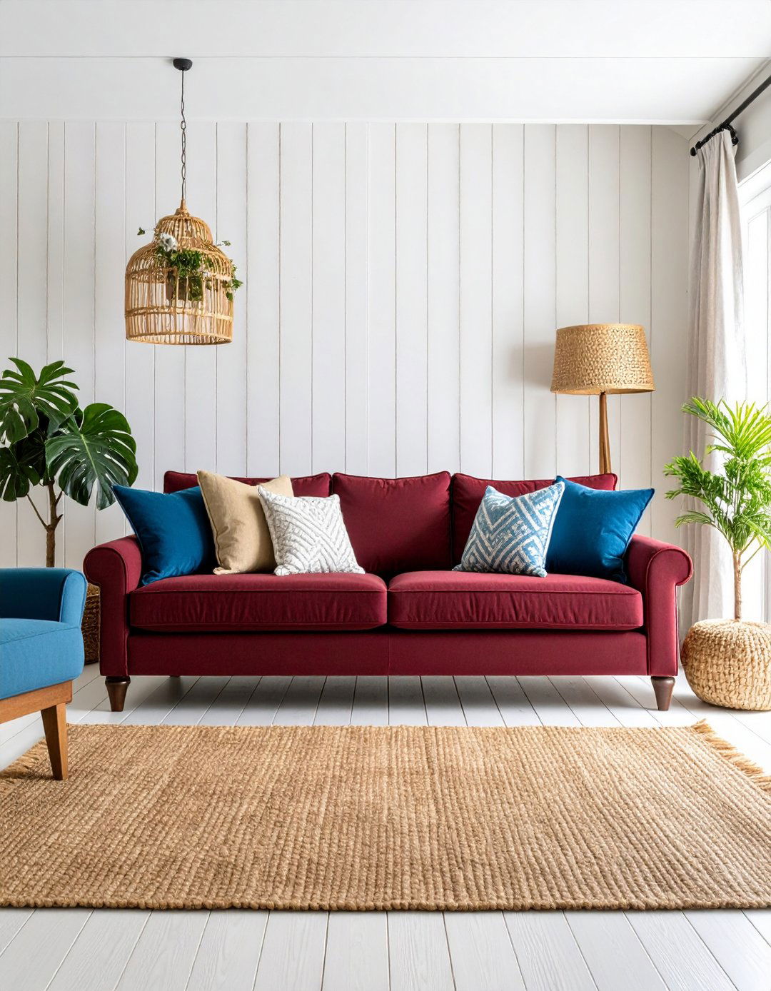 Burgundy Fabric Sofa with Coastal Blue Elements - 24 Burgundy Sofa Living Room Ideas