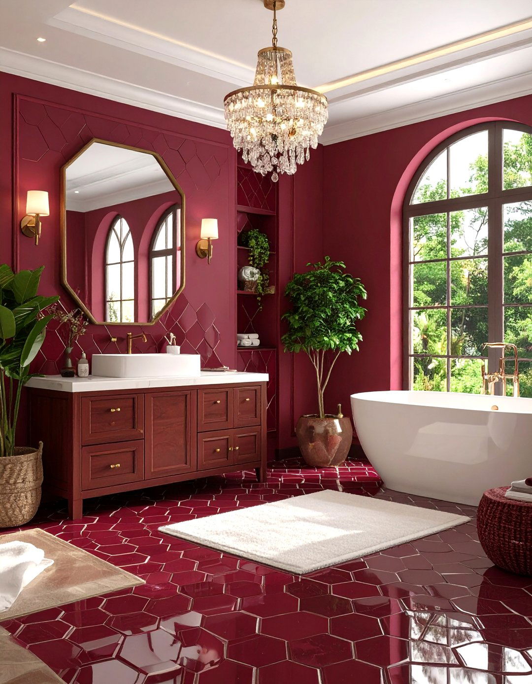 Burgundy Geometric Pattern Integration - 24 Burgundy Bathroom Ideas