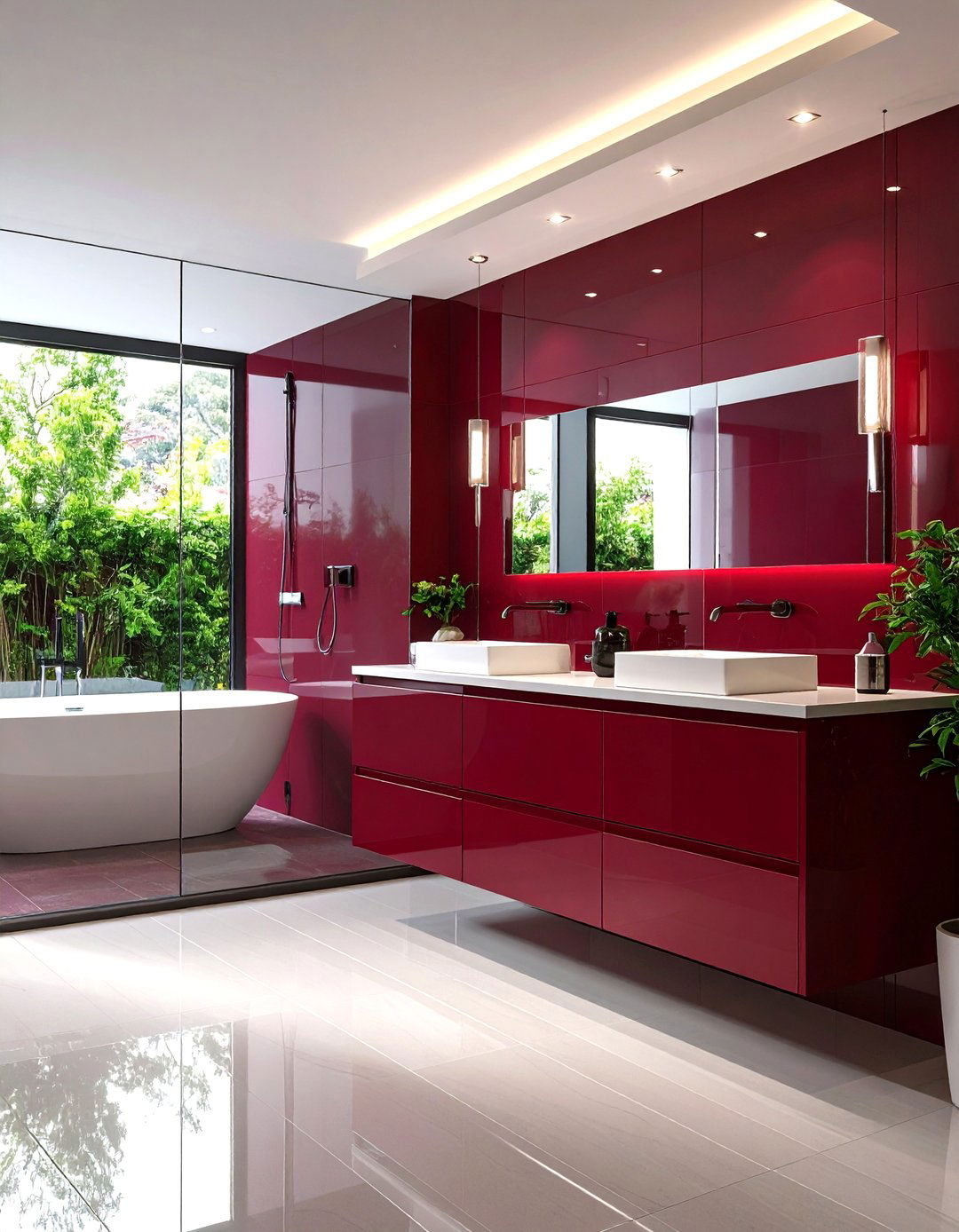 Burgundy Glass Backsplash Feature - 24 Burgundy Bathroom Ideas