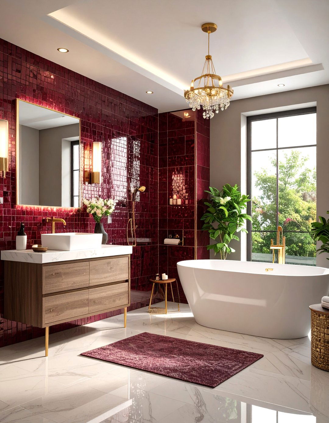 Burgundy Mosaic Tile Bathroom Feature - 24 Burgundy Bathroom Ideas