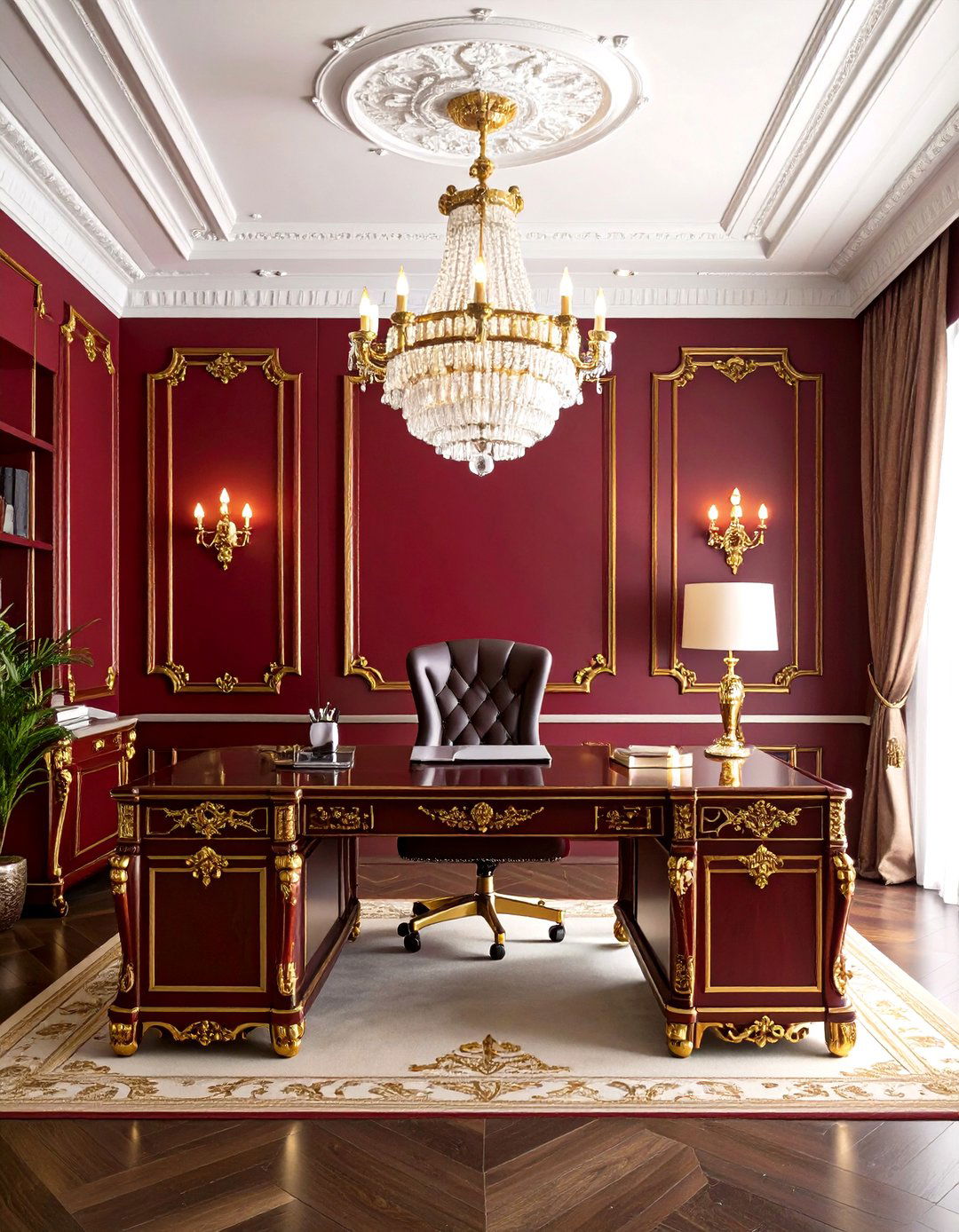 Burgundy Office with Gold Baroque Elements - 24 dark home office design ideas