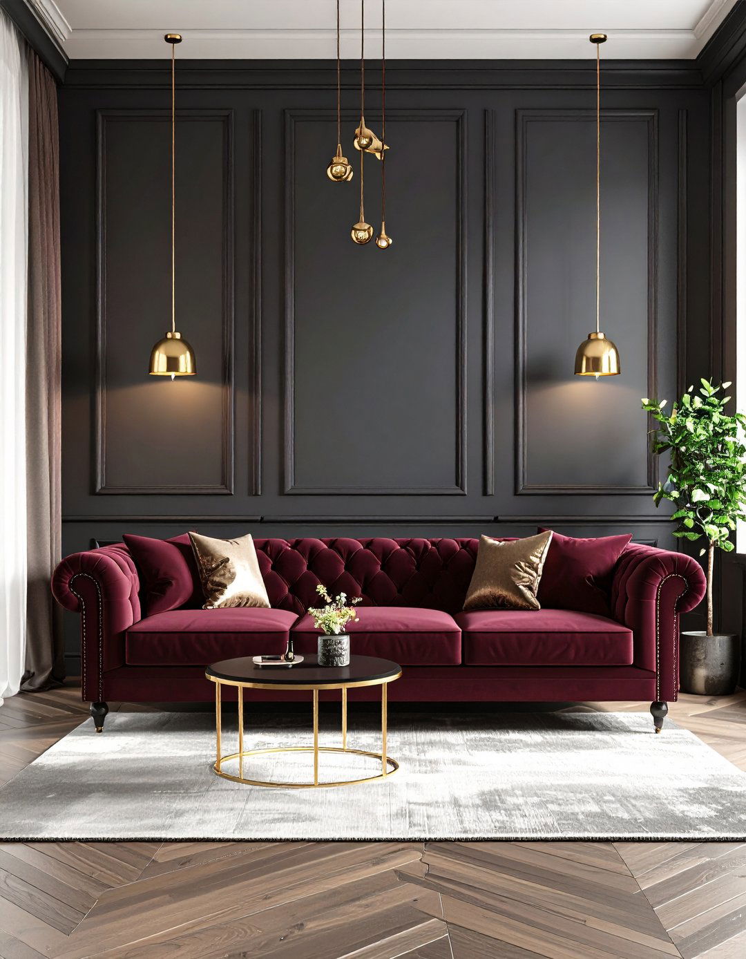 Burgundy Sofa with Dramatic Dark Walls - 24 Burgundy Sofa Living Room Ideas