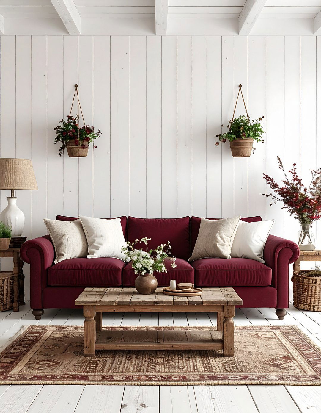 Burgundy Sofa with Rustic Farmhouse Charm - 24 Burgundy Sofa Living Room Ideas