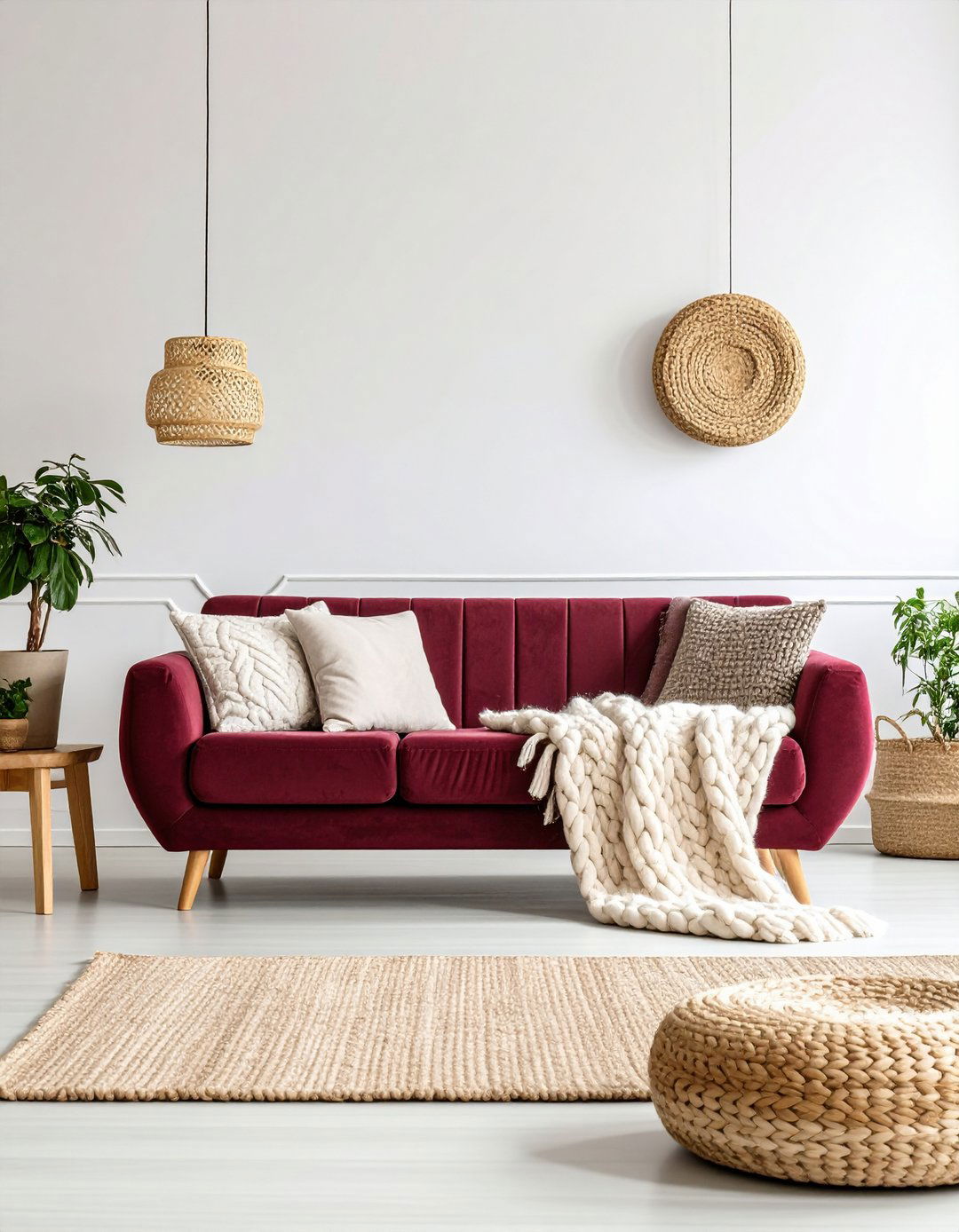 Burgundy Sofa with Scandinavian Hygge