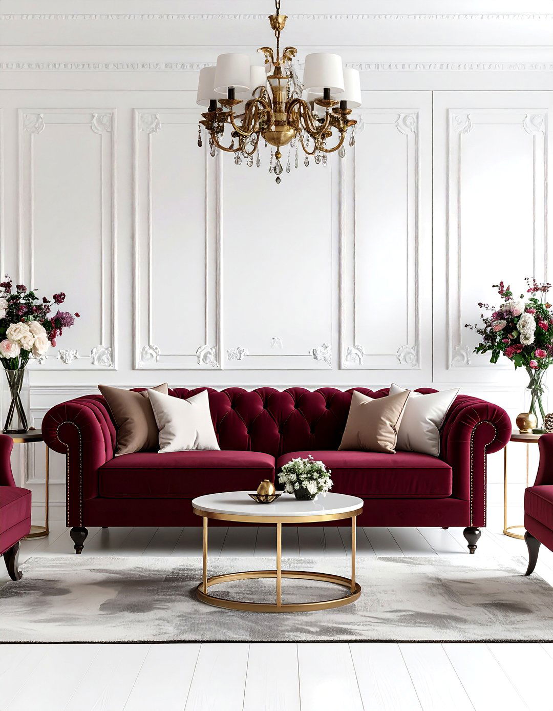Burgundy Statement Furniture with White Walls - 24 Burgundy Living Room Ideas