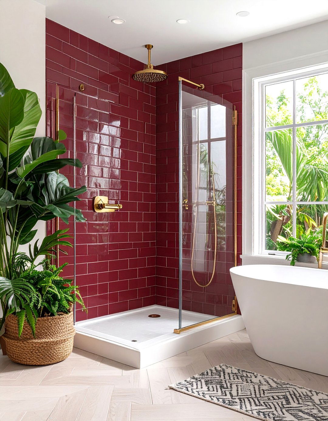 Burgundy Subway Tile Shower Design - 24 Burgundy Bathroom Ideas