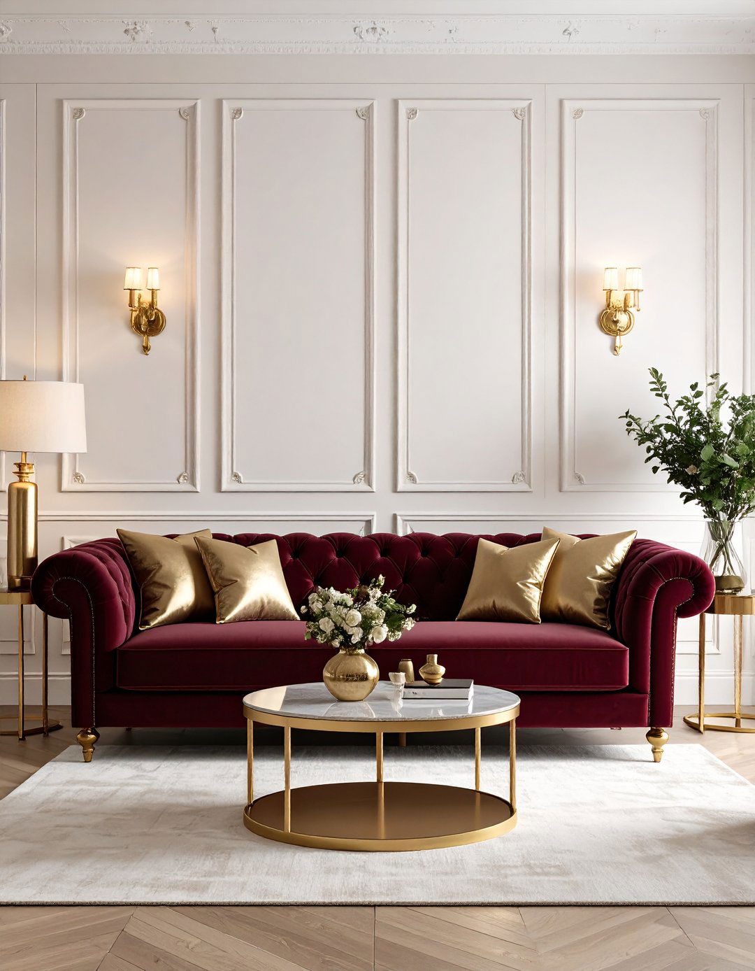 Burgundy Velvet Sofa with Golden Accents - 24 Burgundy Sofa Living Room Ideas