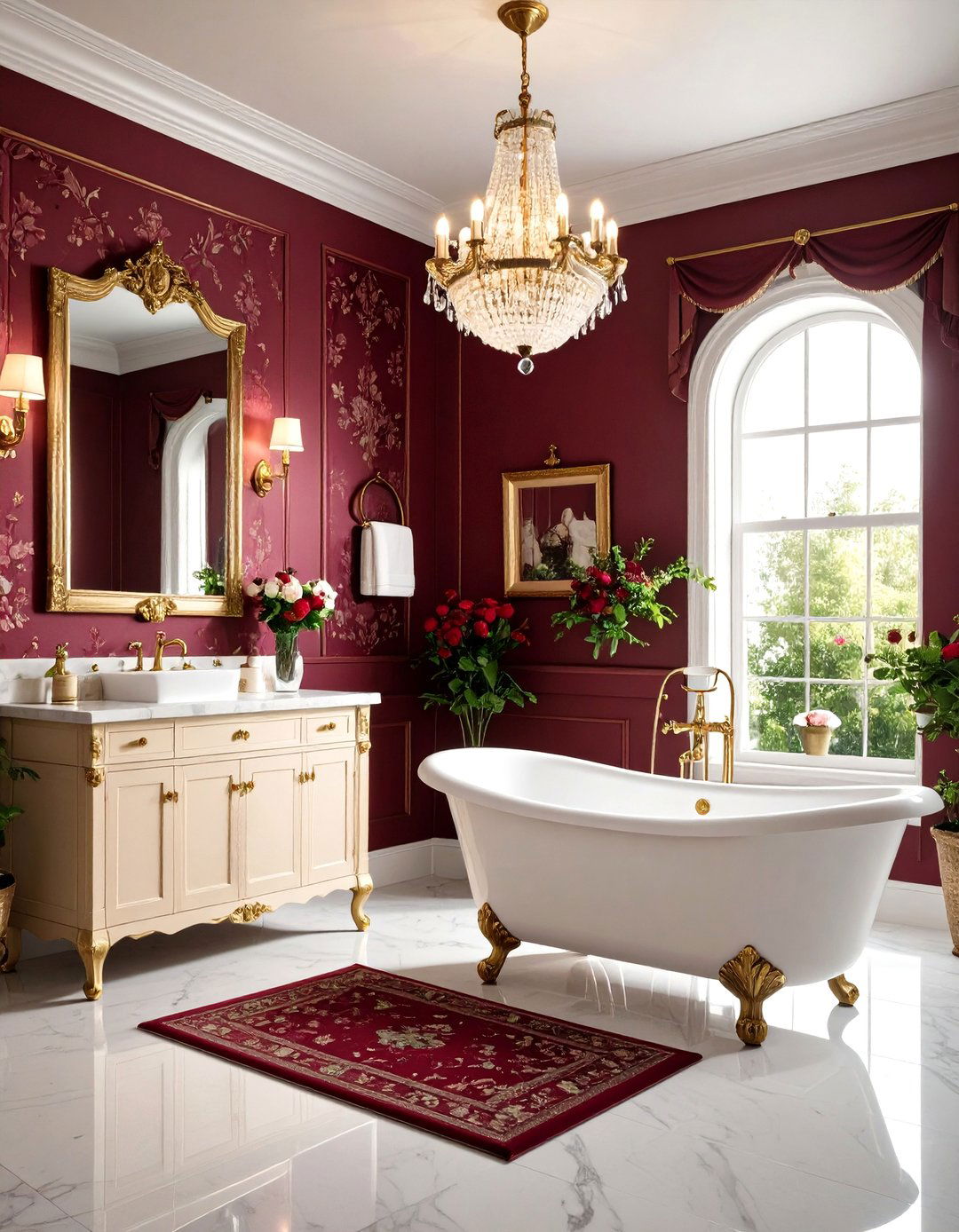 Burgundy Vintage Wallpaper Accent - 24 Burgundy Bathroom Ideas