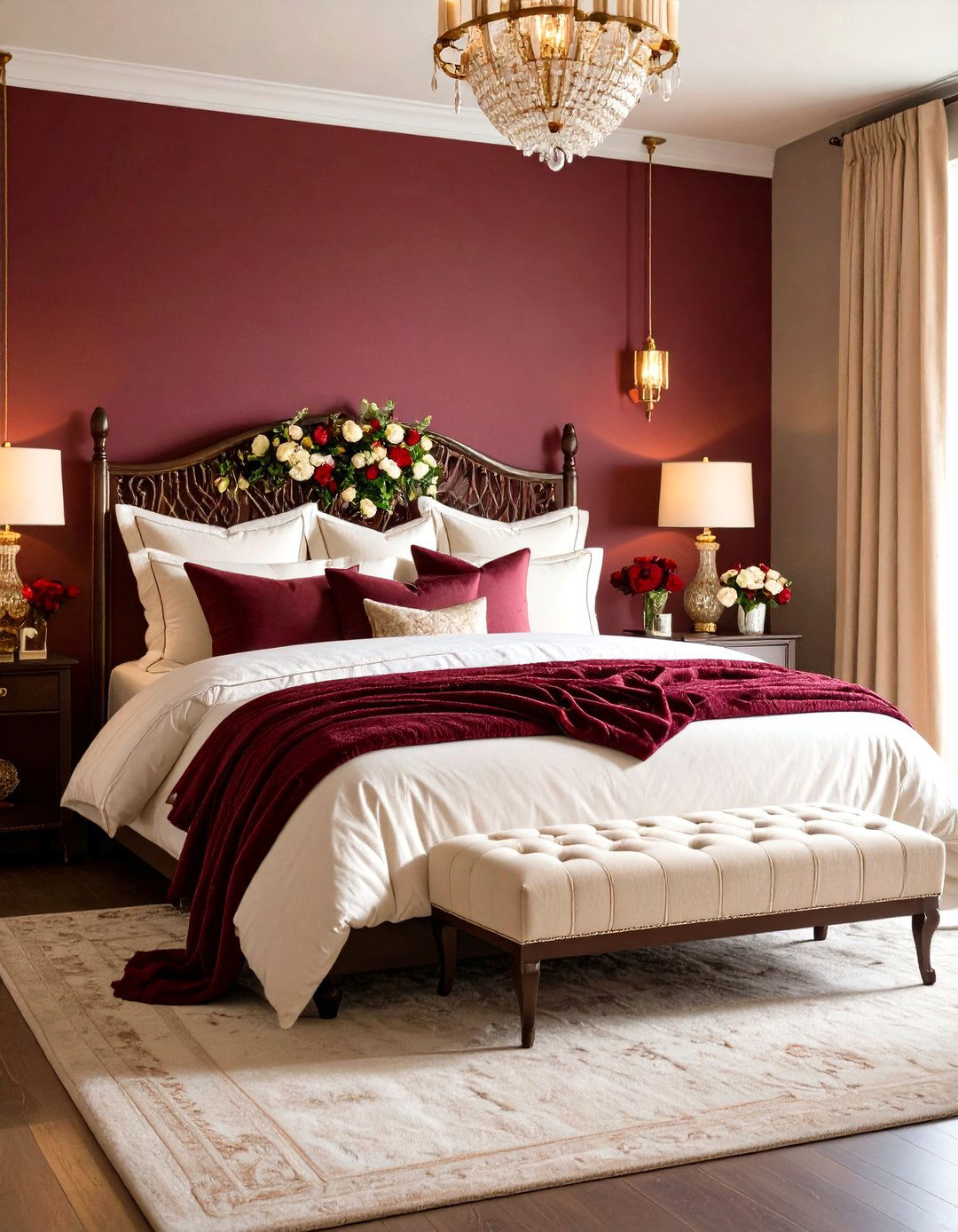 Burgundy and Cream Romantic Bedroom - 24 Red Bedroom Ideas