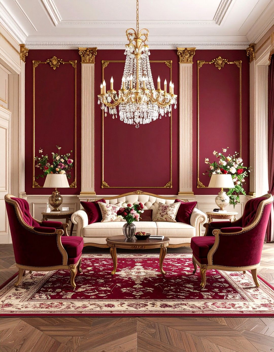 Burgundy and Cream Traditional Living Room - 24 Burgundy Living Room Ideas