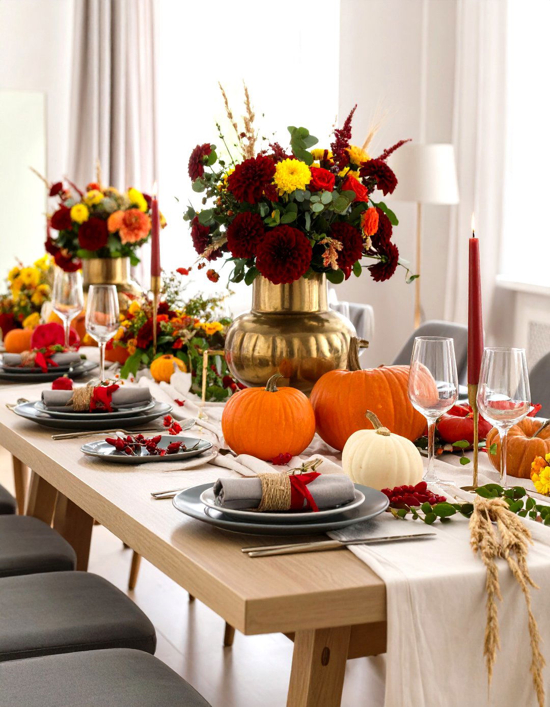 Burgundy and Gold Florals - 24 Thanksgiving Centerpiece Ideas