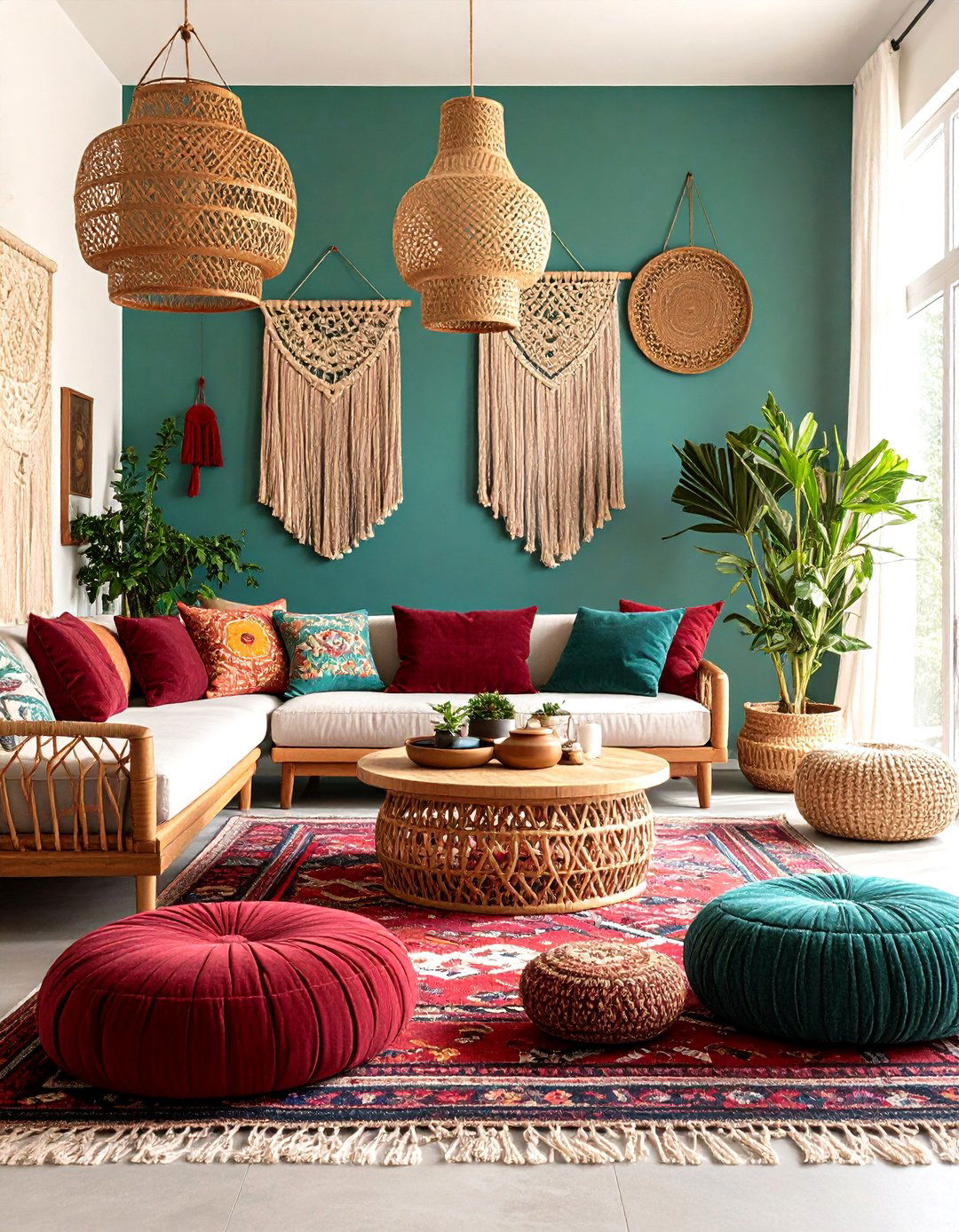 Burgundy and Teal Boho Living Room - 24 Burgundy Living Room Ideas