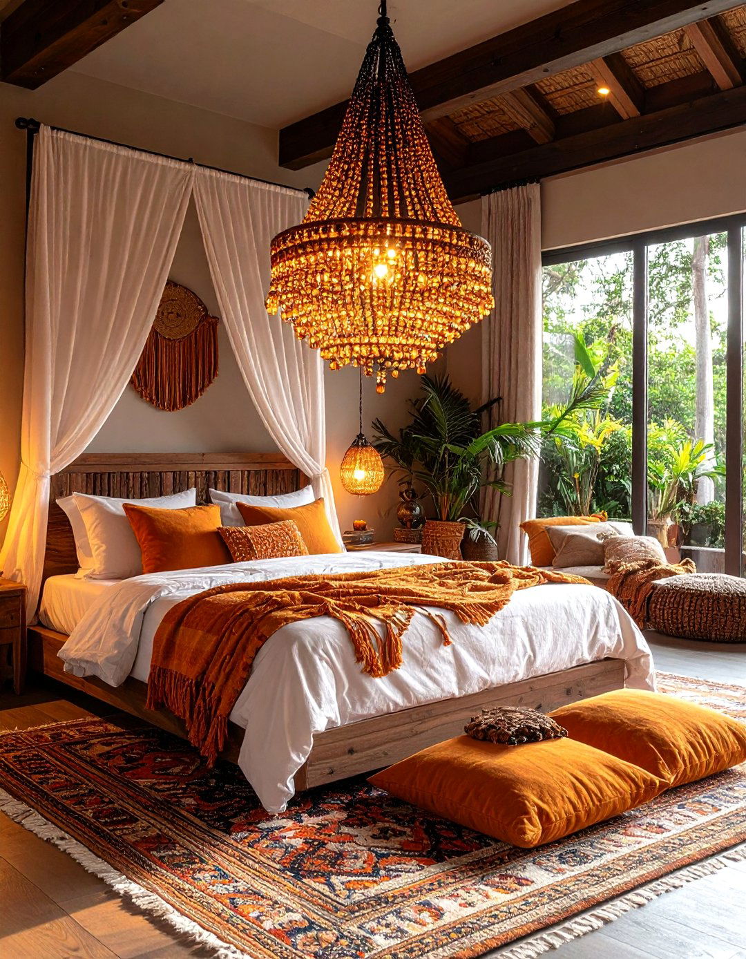 Burnt Orange Boho Bedroom with Beaded Chandelier Lighting - 24 Boho Burnt Orange Bedroom Ideas