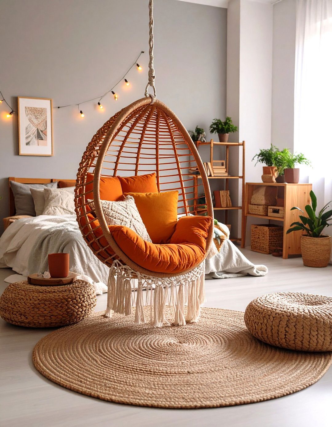 Burnt Orange Boho Bedroom with Hanging Chair Reading Nook - 24 Boho Burnt Orange Bedroom Ideas