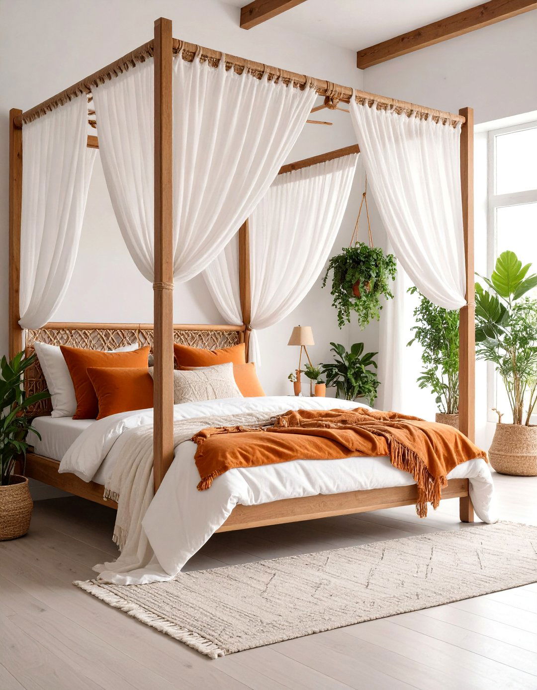 Burnt Orange Boho Bedroom with Rattan Canopy Bed - 24 Boho Burnt Orange Bedroom Ideas
