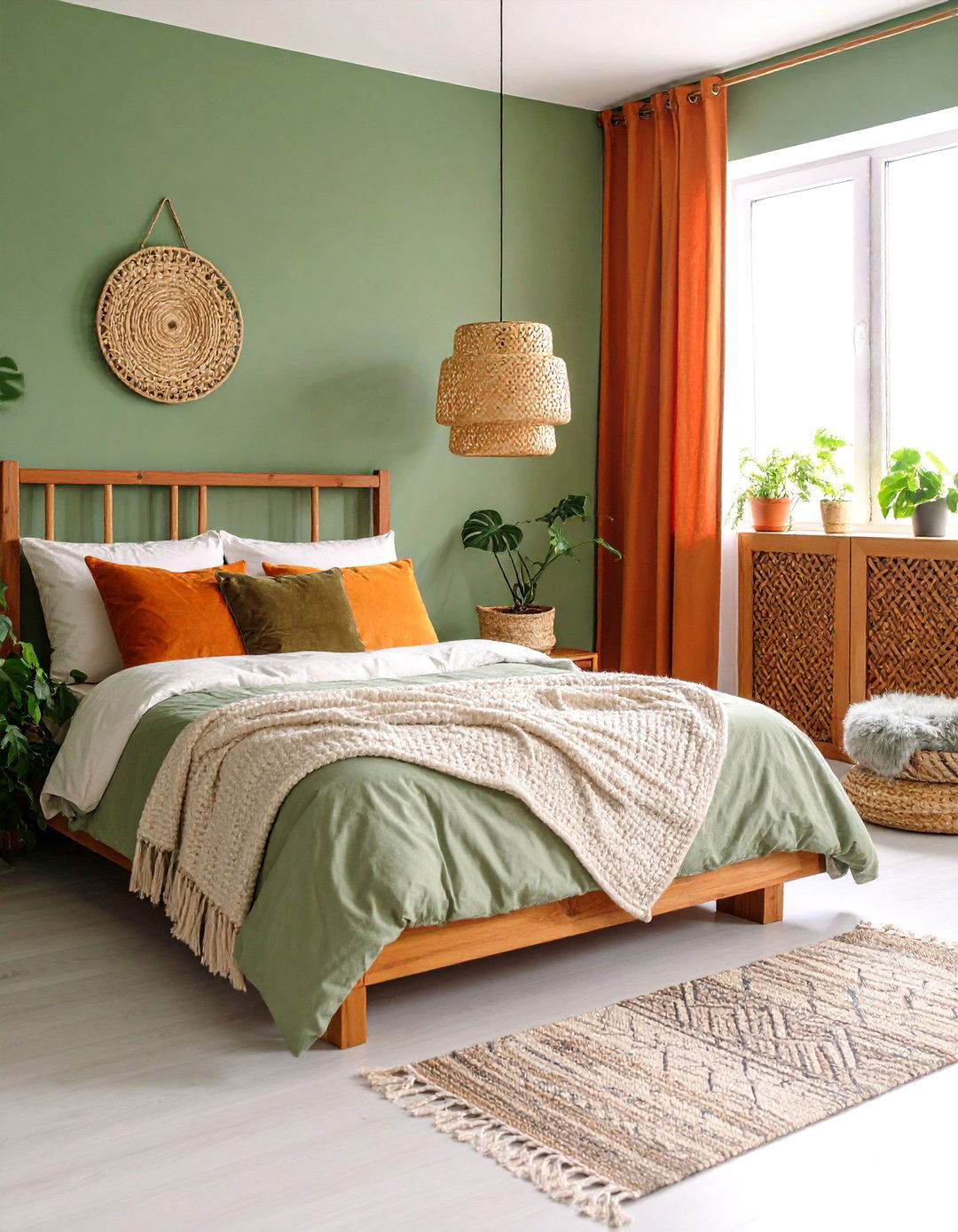Burnt Orange Boho Bedroom with Sage Green Plant Corner - 24 Boho Burnt Orange Bedroom Ideas