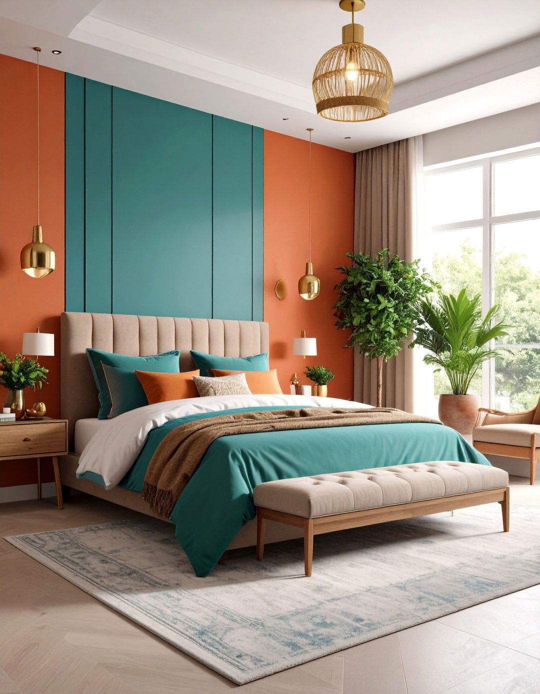Burnt Orange Boho Bedroom with Teal Color Block Accent Wall - 24 Boho Burnt Orange Bedroom Ideas