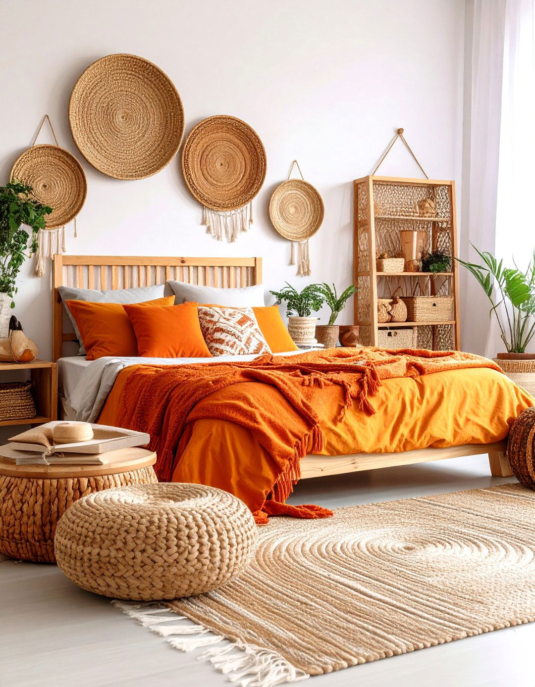 Burnt Orange Boho Bedroom with Woven Wall Basket Collection - 24 Boho Burnt Orange Bedroom Ideas