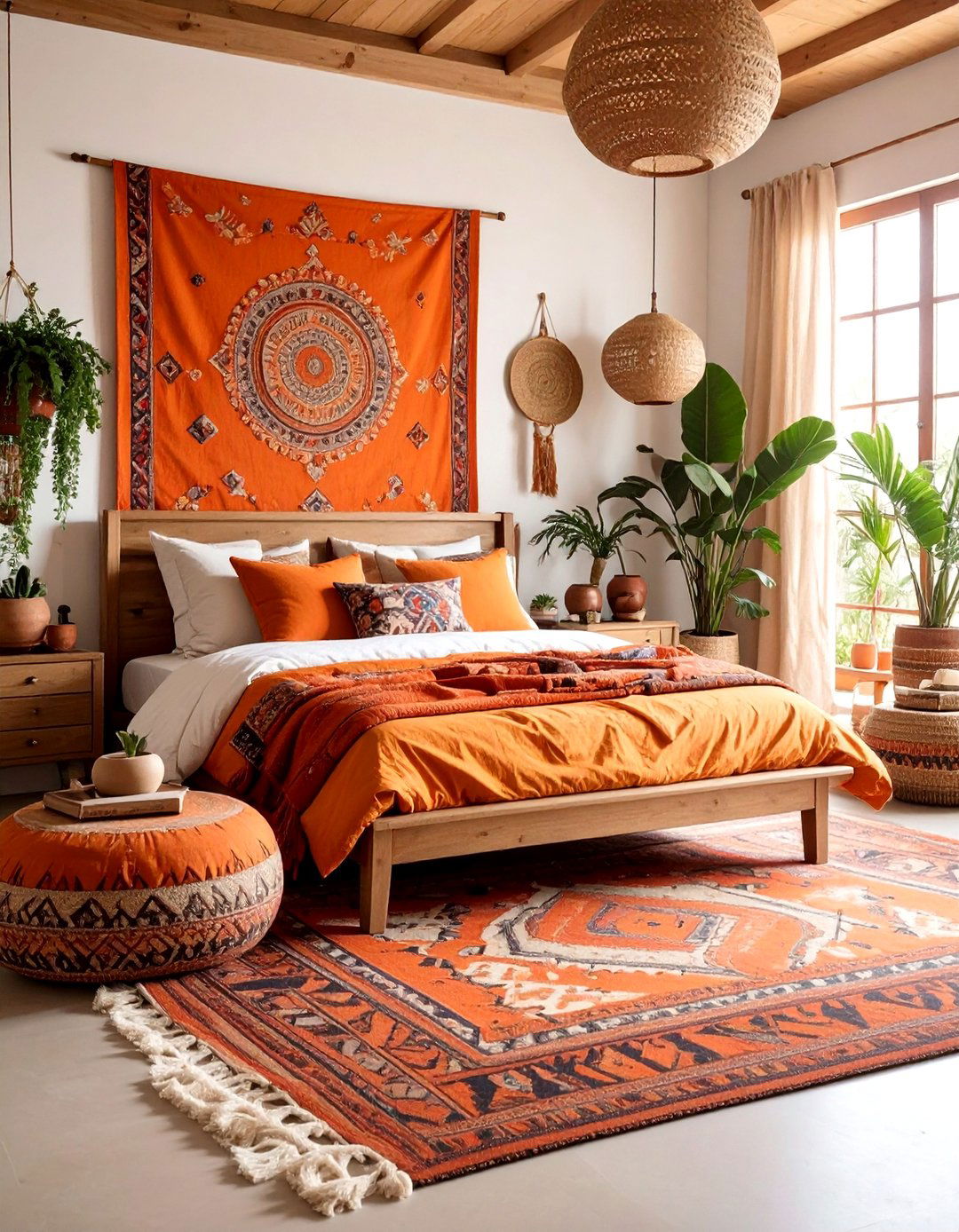 Burnt Orange Tapestry Boho Bedroom with Global Textiles - 24 Boho Burnt Orange Bedroom Ideas