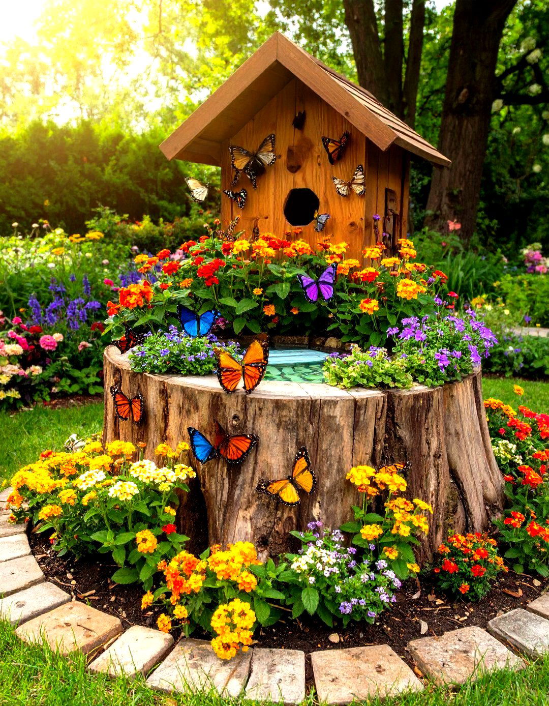 Butterfly Garden Stump Sanctuary - 24 Tree Stump Fairy Garden Ideas