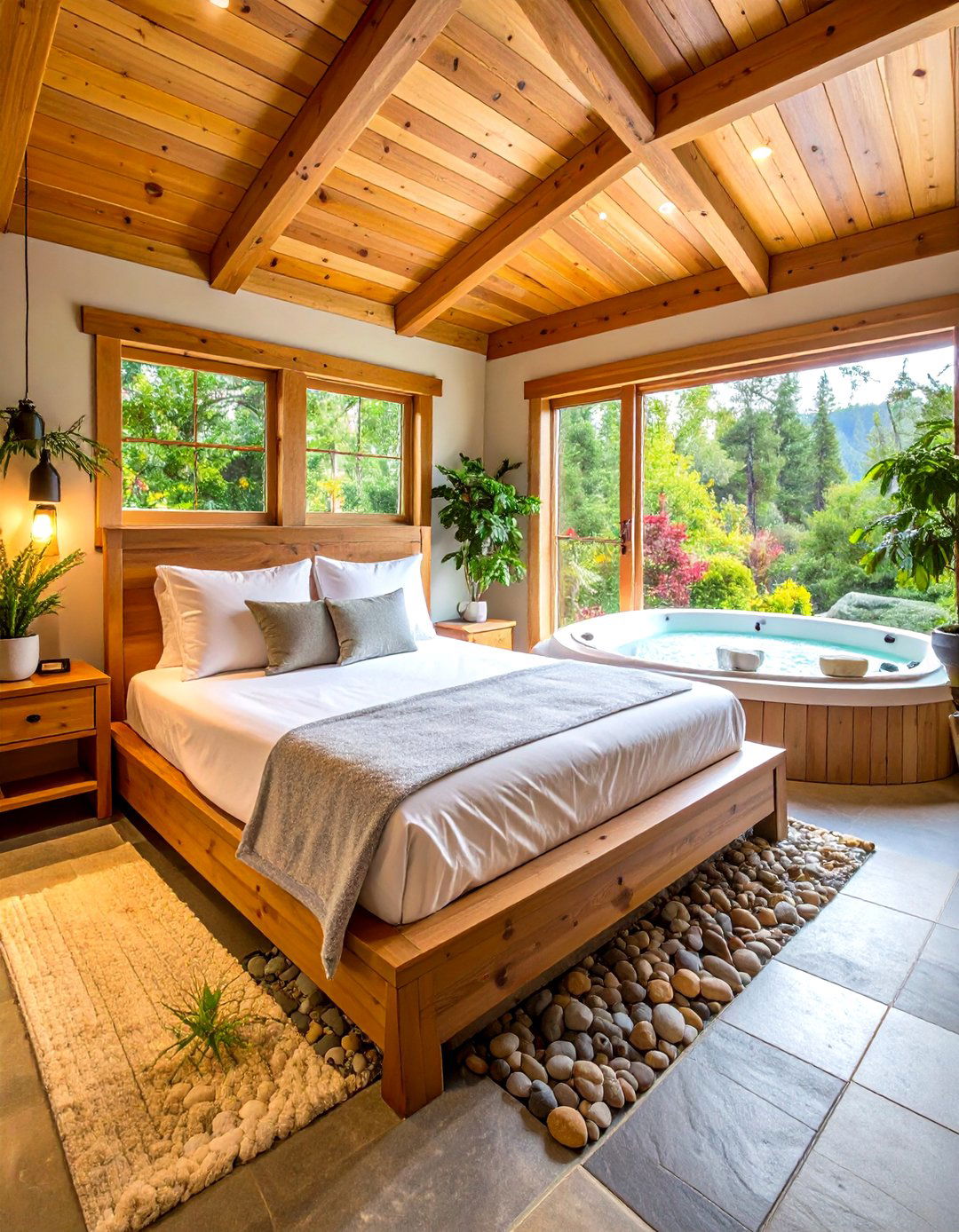 Cabin Bedroom with Hot Tub Corner and Spa Elements - 24 Cabin Bedroom Ideas