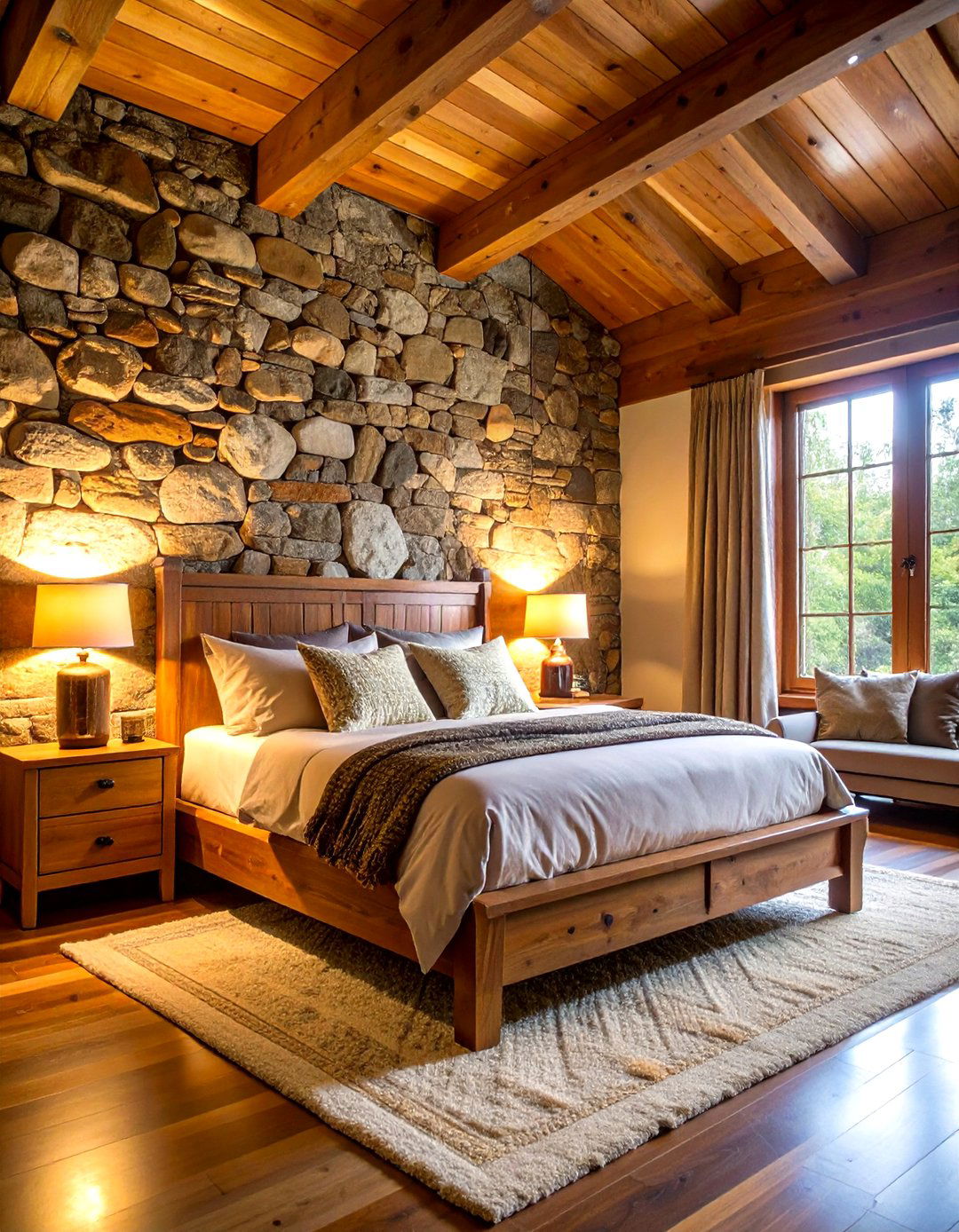 Cabin Bedroom with Natural Stone Accent Wall