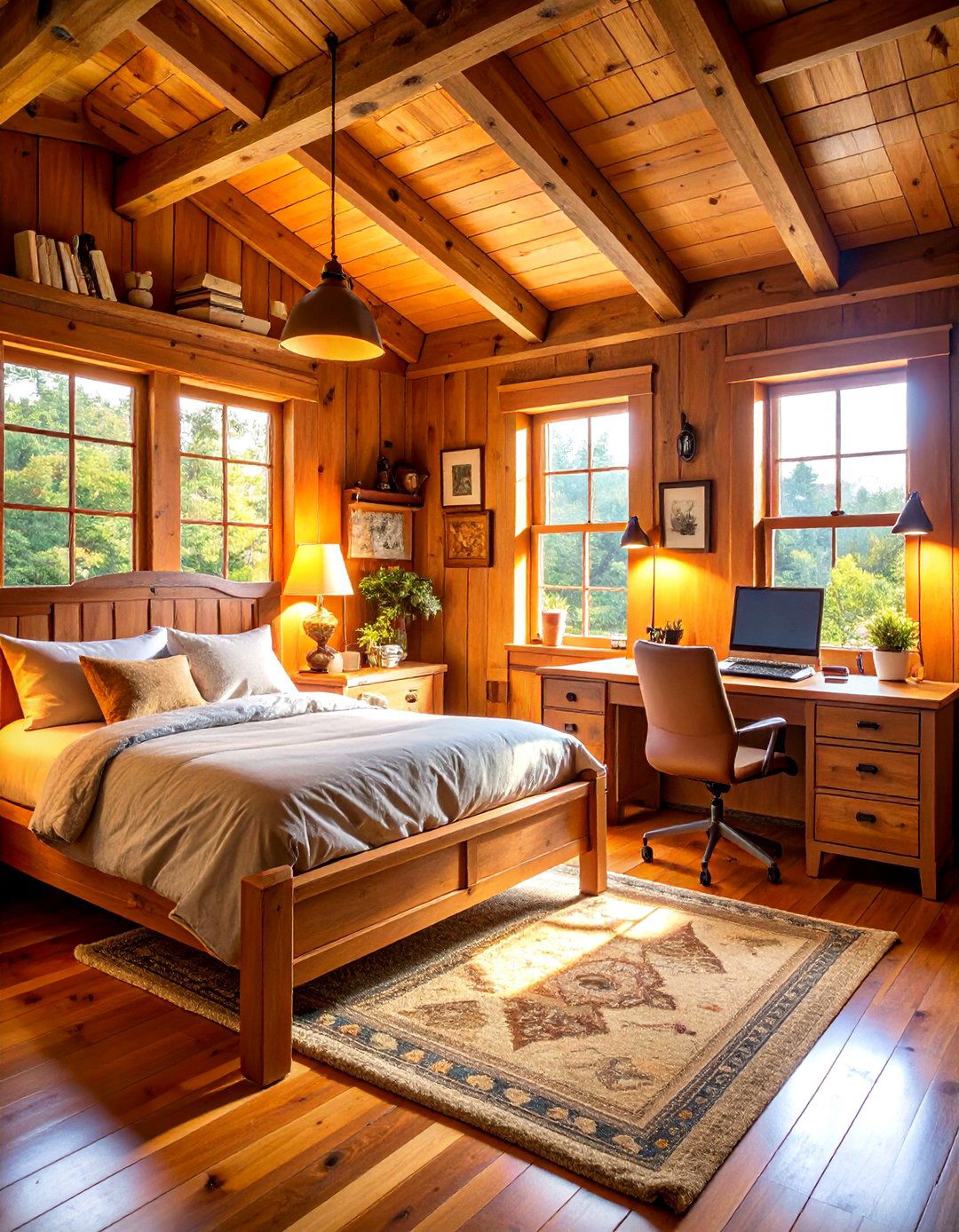Cabin Bedroom with Workspace and Rustic Desk - 24 Cabin Bedroom Ideas