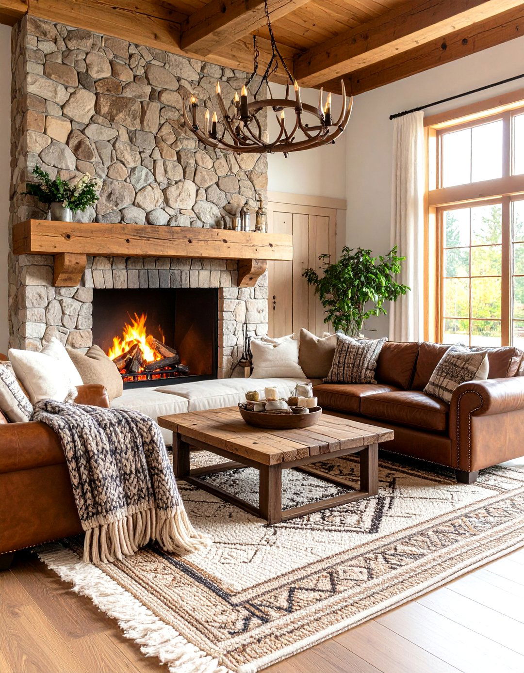 Cabin Living Room with Stone Fireplace and Plaid Accents - 24 Cozy Living Room Ideas