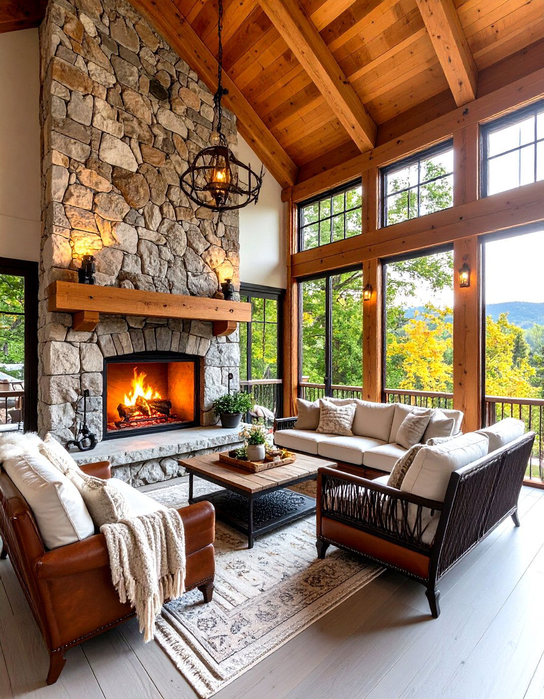 Cabin Lodge Wood Burning Fireplace - 24 Screened-in Porch With Fireplace Ideas