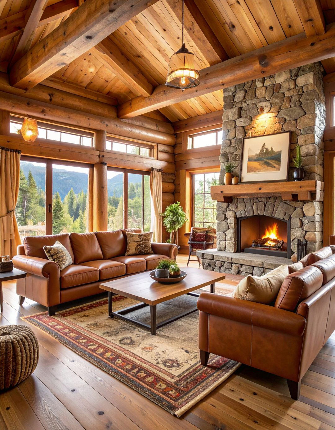Cabin Style Brown Leather Lodge Room - 24 Brown Leather Couch Living Room Ideas