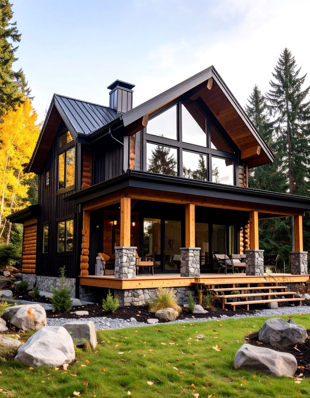 Cabin Style Log Accent Walls - 24 Black House With Wood Accents