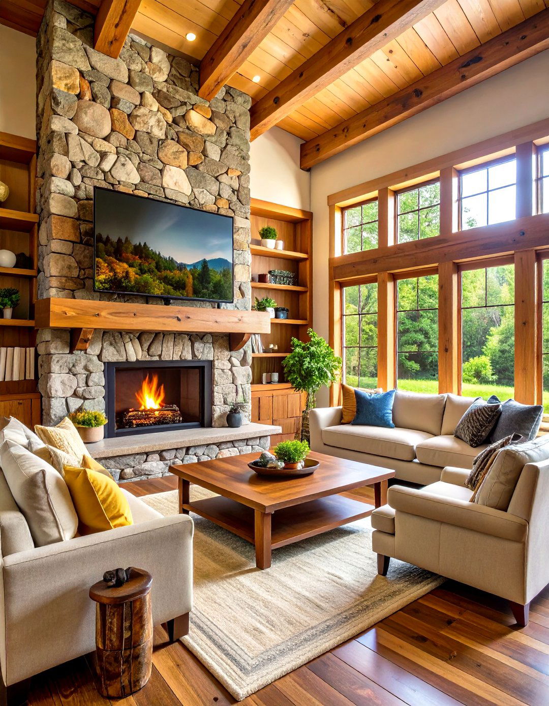 Cabin Style TV Over Stone Fireplace with Log Storage - 24 Tv Over Fireplace Ideas