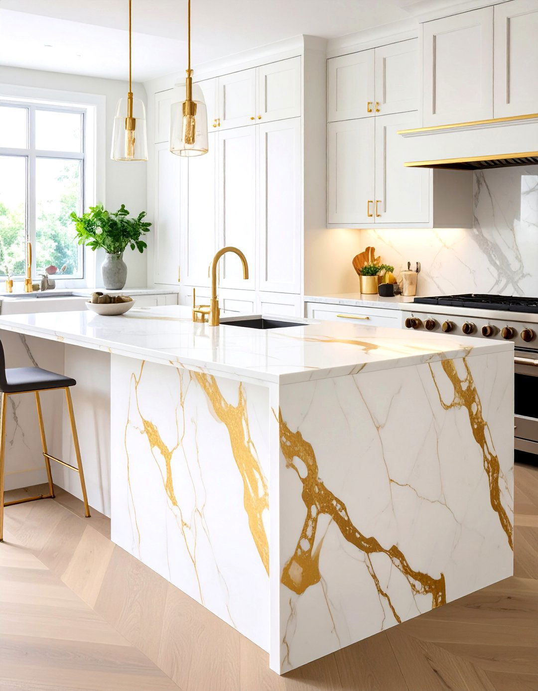 Calacatta Gold Marble Waterfall Island - 24 Waterfall Kitchen Island Ideas