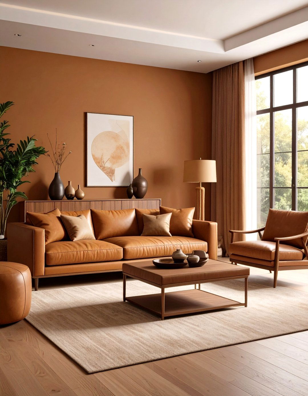 Camel Tan Warm Living Room - 24 Monochromatic Living Room Ideas