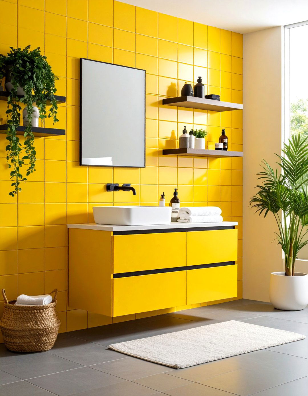 Canary Yellow Metro Tile Feature Wall - 24 Yellow Bathroom Ideas